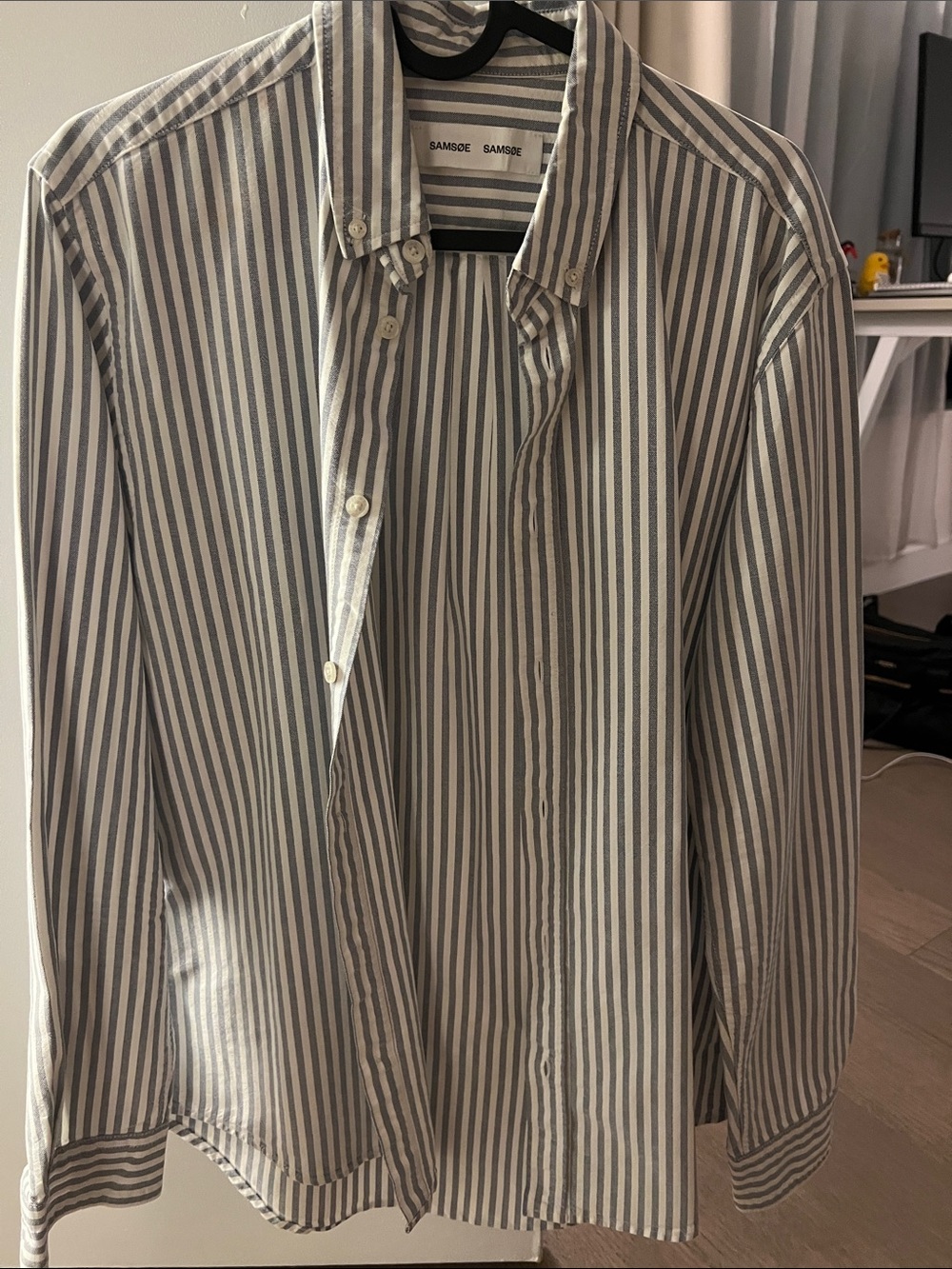 SAMSOE Vertical Gray and White Striped Button-Down Shirt